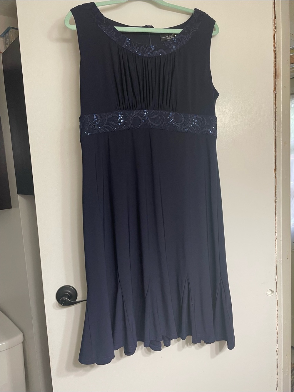 Navy Sleeveless Midi Dress with Sequin Trim